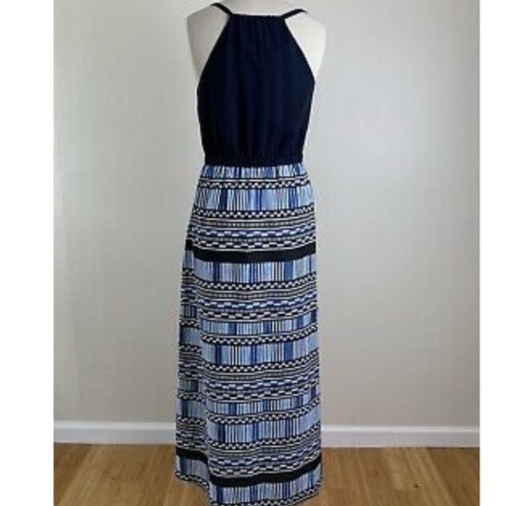 J Crew navy blue light blue & white geometric maxi dress size 2